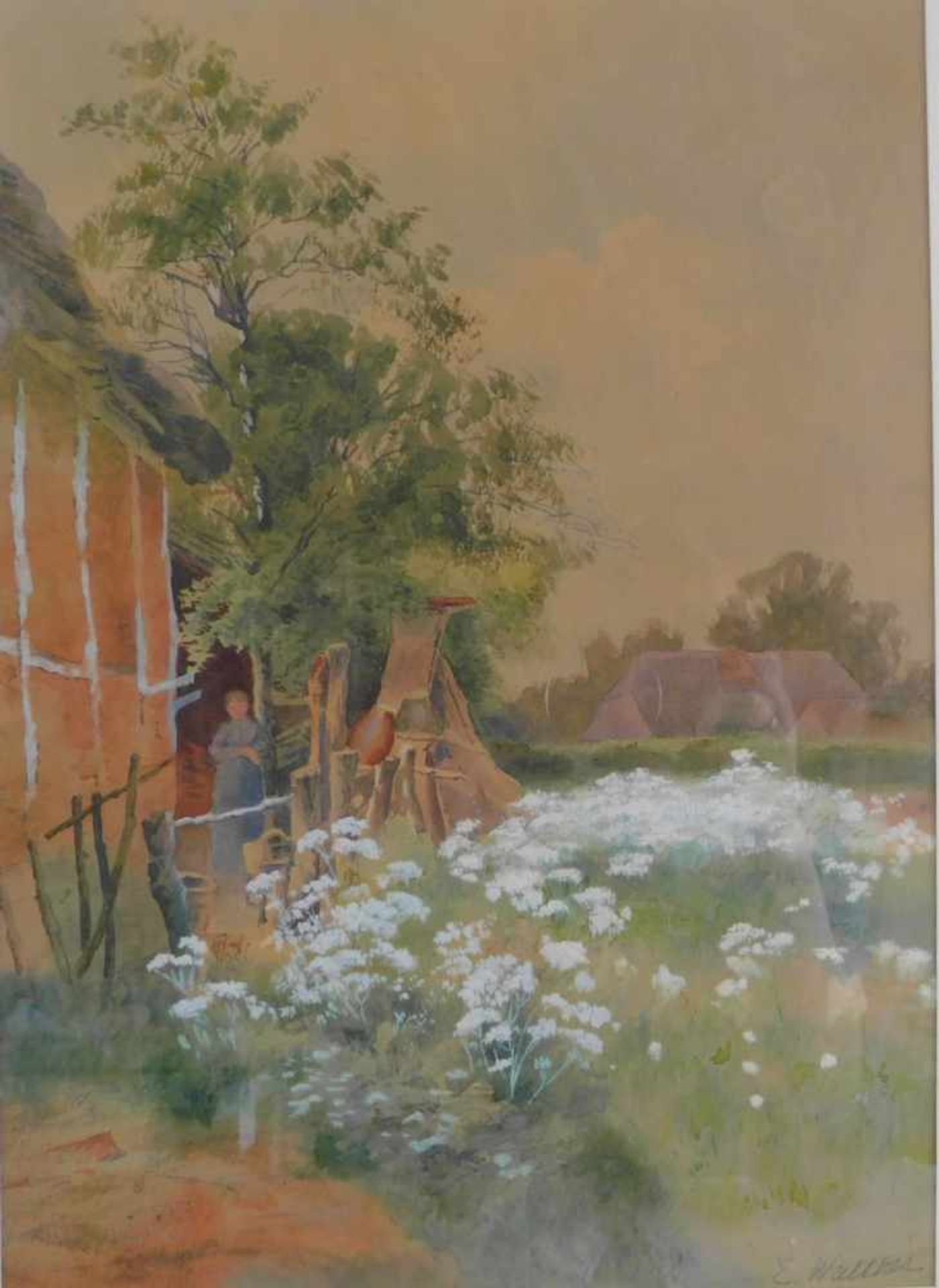 E. Walther, Maler XX., Bauerngehöft mit Bäuerin, signiert unten rechts, Aquarell gerahmt hinter