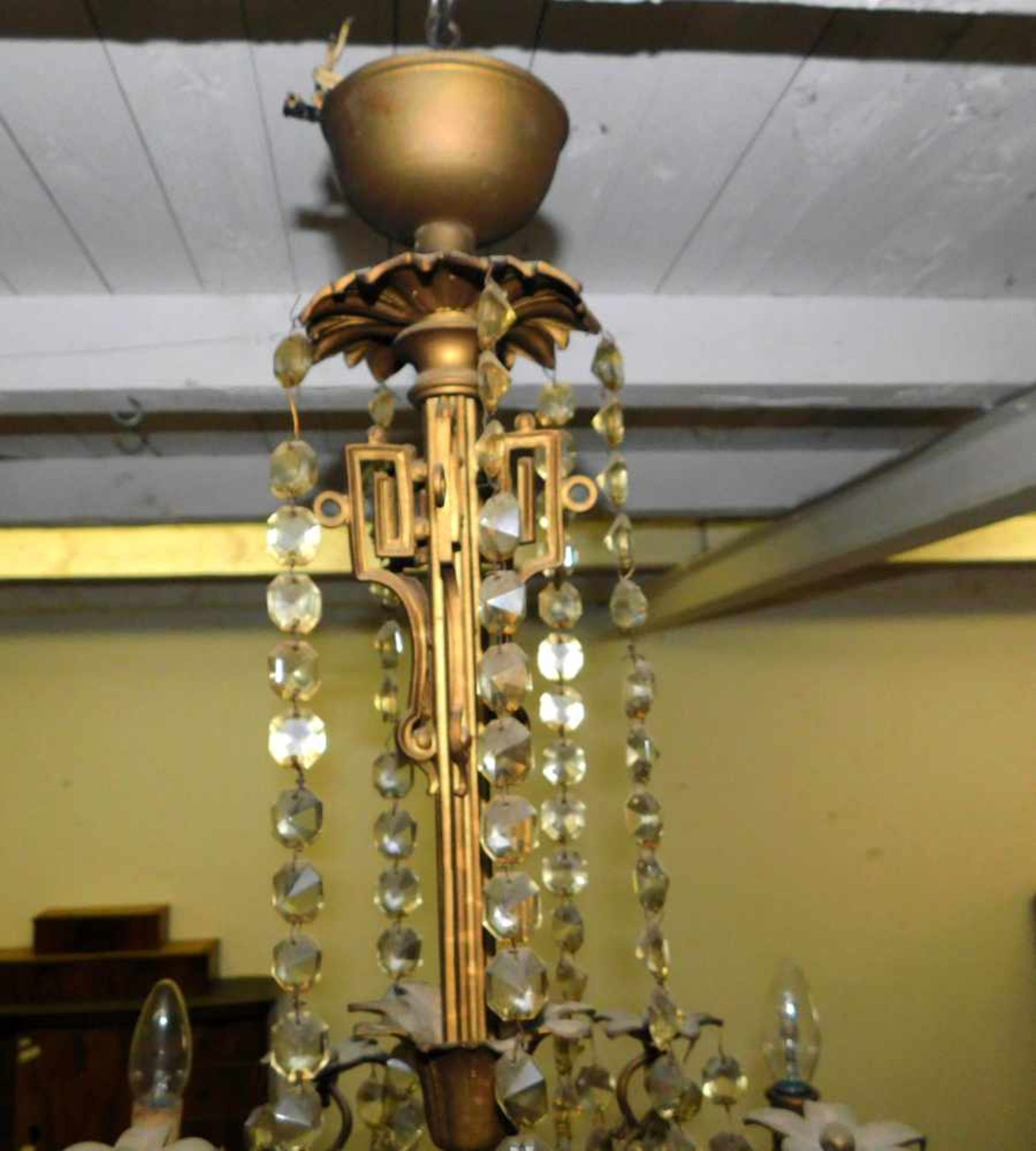 Lüster, Deckenlampe, 1890 - 1910, Messing mit Kristallprismen, 5-armig, Höhe 100 cm, Ø ca. 70 - Bild 4 aus 5