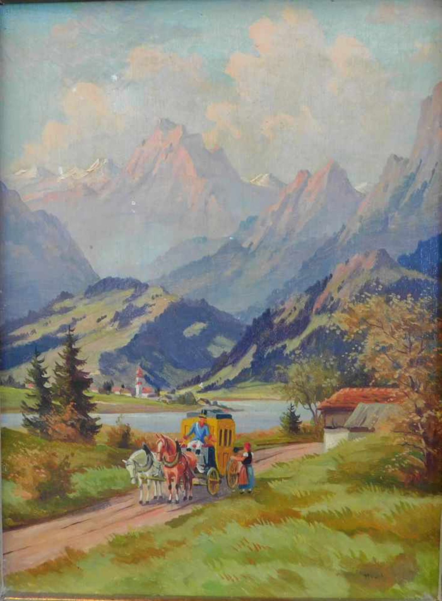 Arno Zetzmann,(*1904-74), Die Postkutsche kommt, Öl auf Platte, Restsignatur unten rechts, m.R.Der - Bild 2 aus 5