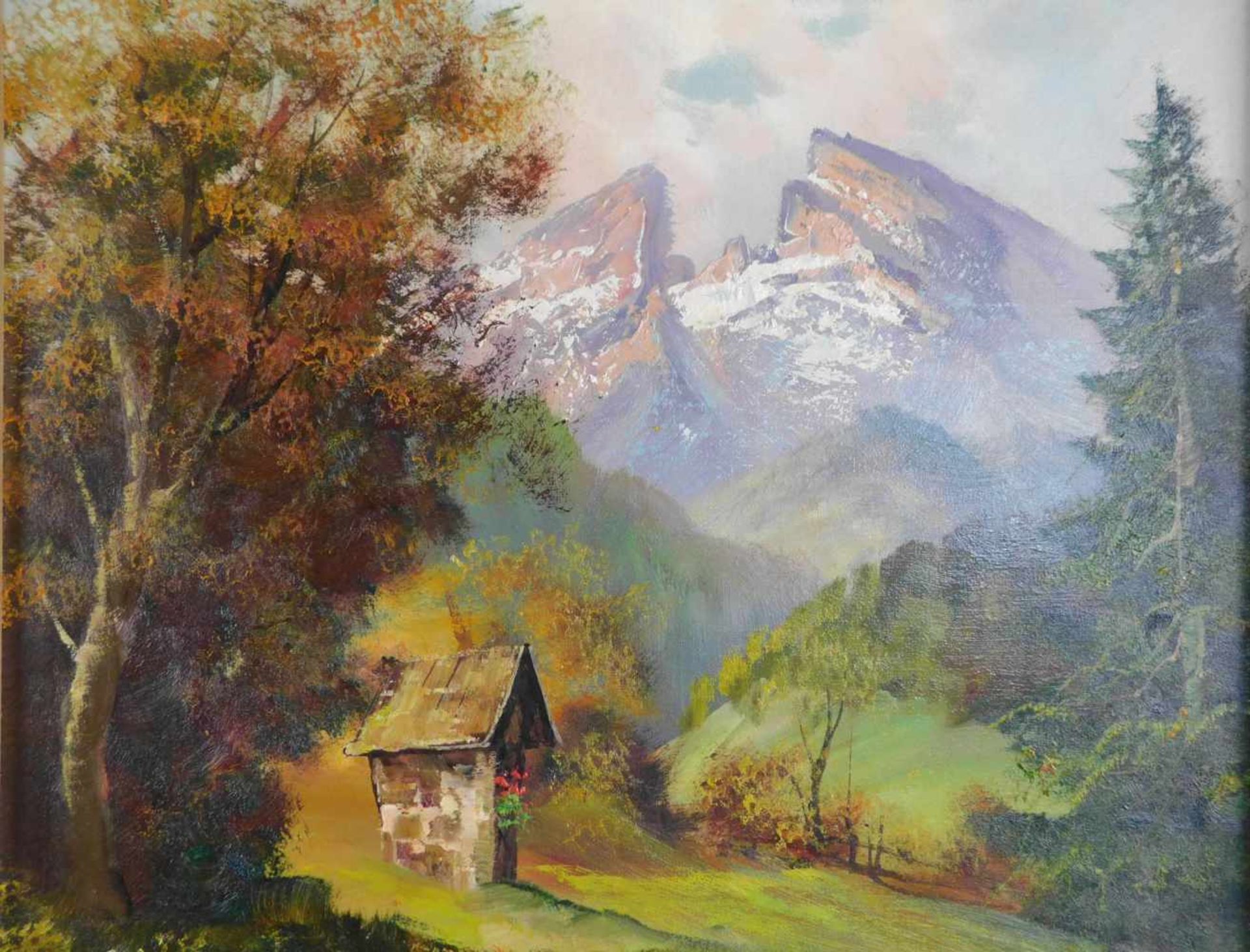 Unbek. Künstler, 2.H.20.Jhdt., Alpenlandschaft mit Materl, Öl auf. Leinwand, signiert unten links, - Bild 5 aus 6