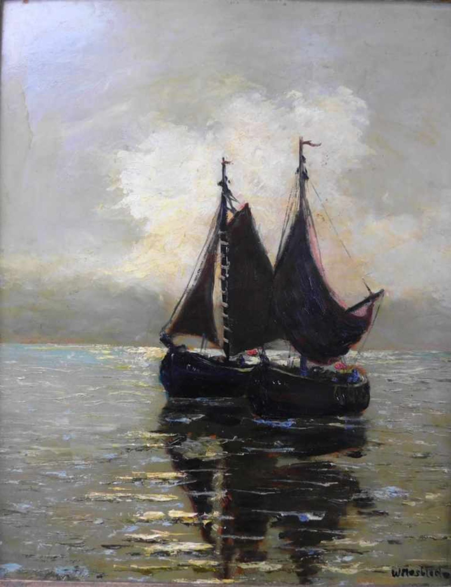 Carl Wilhelm Mosblech, 1868 Barmen - 1934 Düsseldorf, Segelboote auf ruhiger See, Öl auf Platte, m. - Bild 2 aus 5