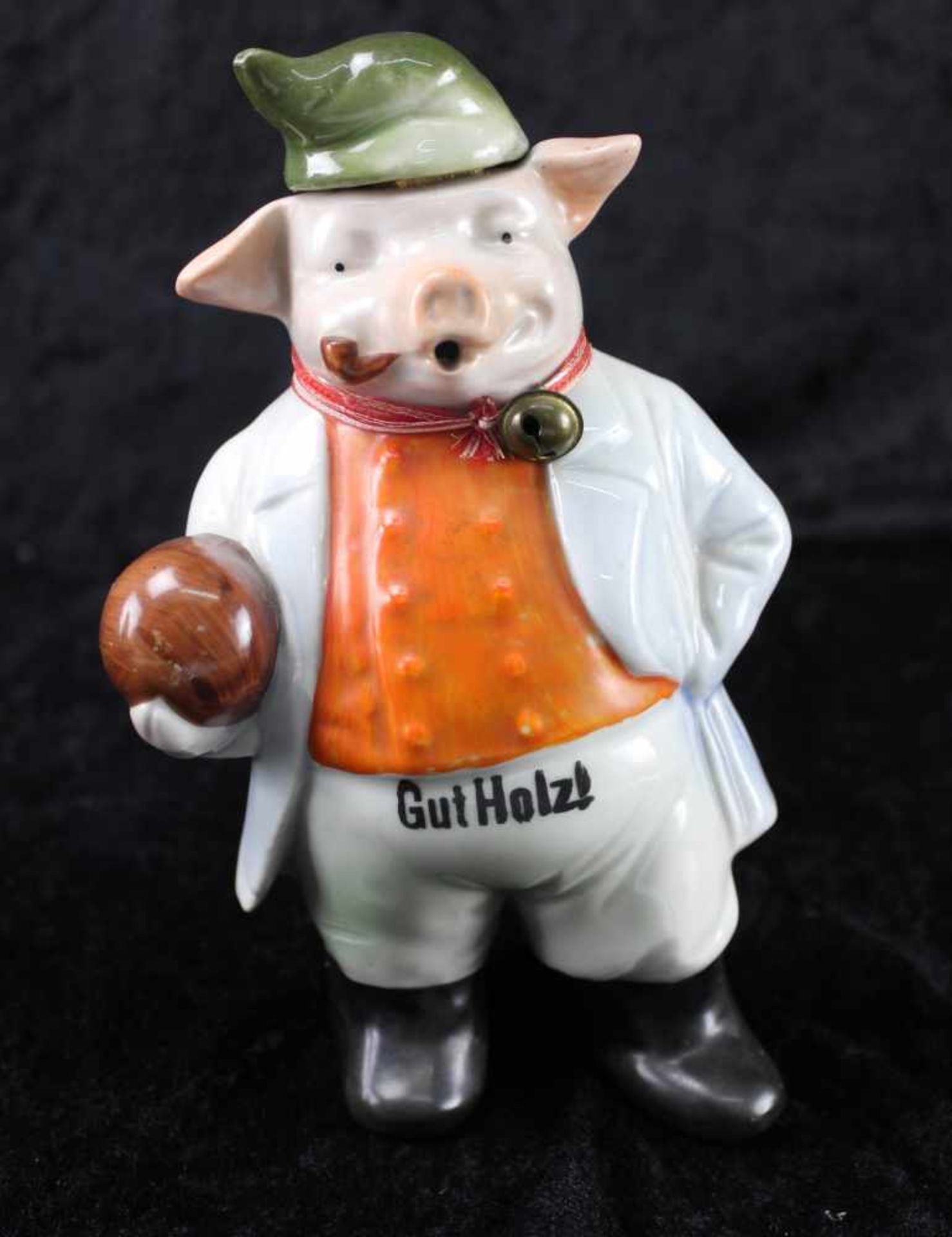 Schnapsflasche, humoristische Darstellung, Schwein als Kegler, Feinsteinzeug um 1920, Gut Holz!Kappe