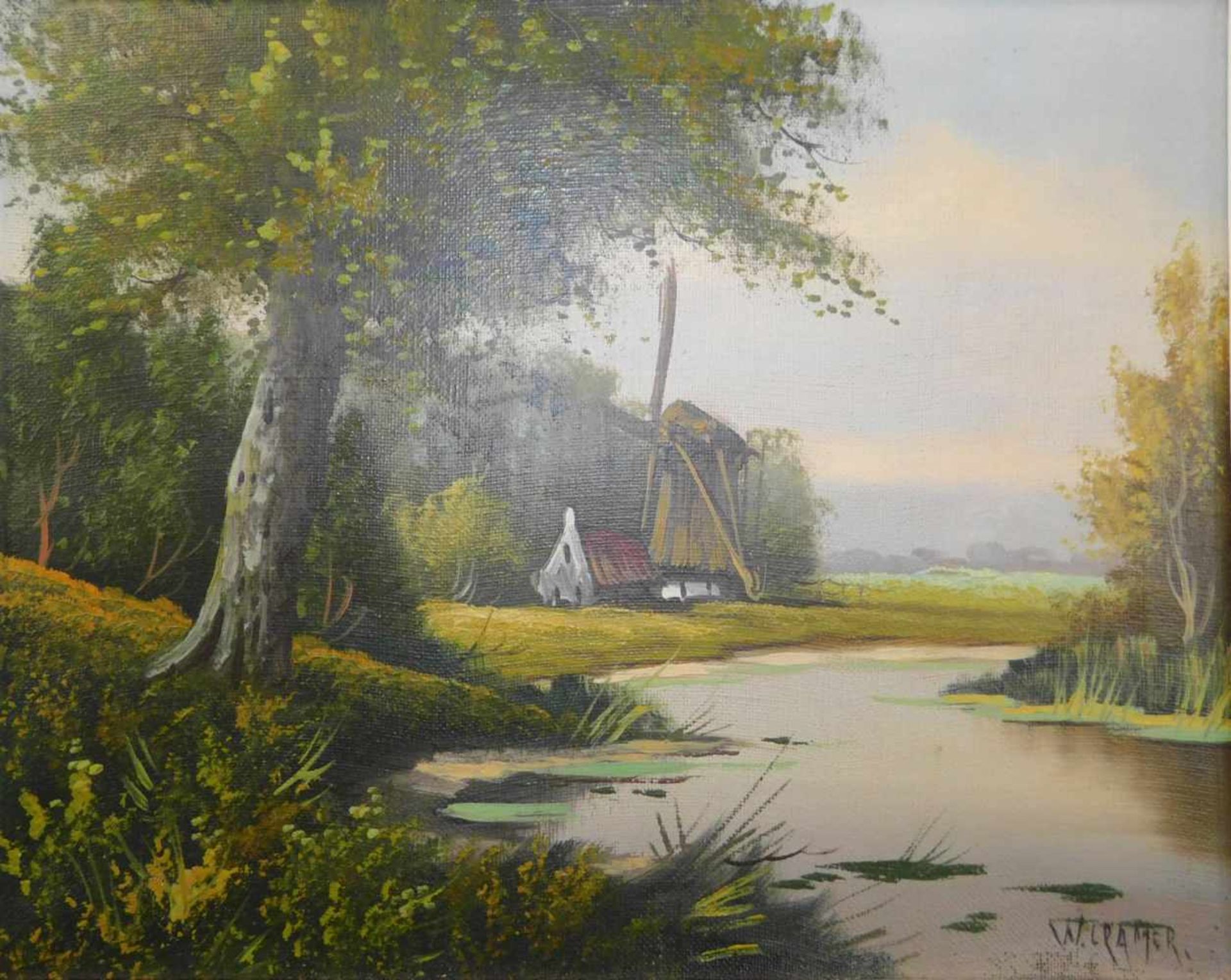 W. Cramer, 2.H.20.Jhdt., Windmühle am See, Öl auf Leinwand, signiert unten rechts, m.R. - Bild 2 aus 4