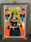 Hinterglasbild, Heilige Maria in rot und blau, 29 x 19 cm