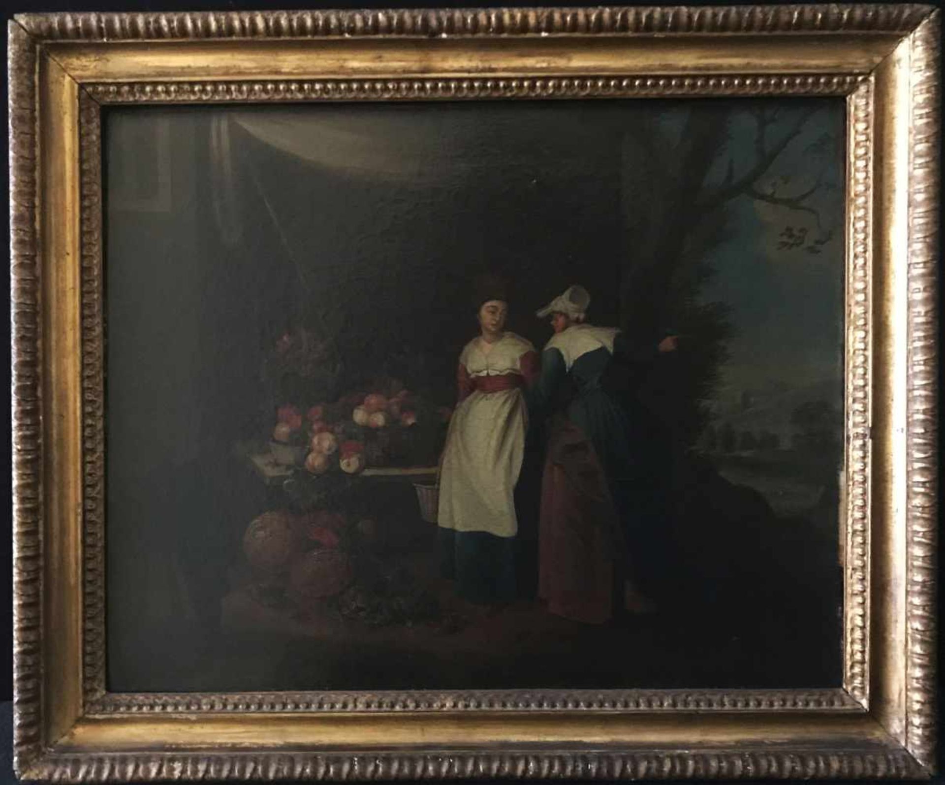 Unbekannter Maler, niederländisch?, 18./19. Jh., Zwei Frauen an einem Obststand, Öl/Lwd. aufgez. - Bild 2 aus 3