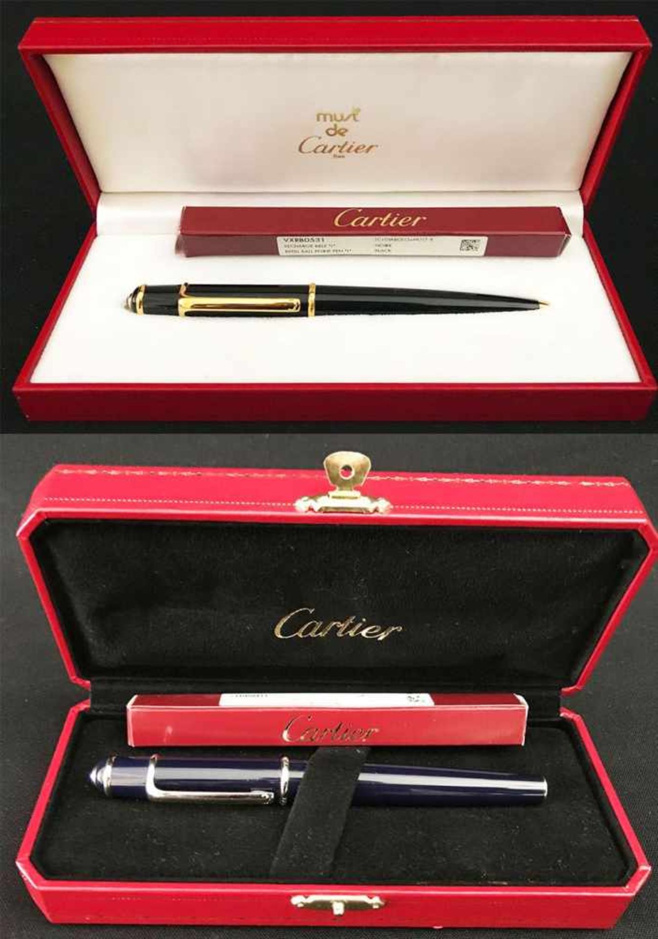 Cartier, 2 Schreiber: Kugelschreiber, schwarz mit gold, Nachfüllmine (Refill Ball point pen "L",