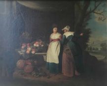 Unbekannter Maler, niederländisch?, 18./19. Jh., Zwei Frauen an einem Obststand, Öl/Lwd. aufgez.