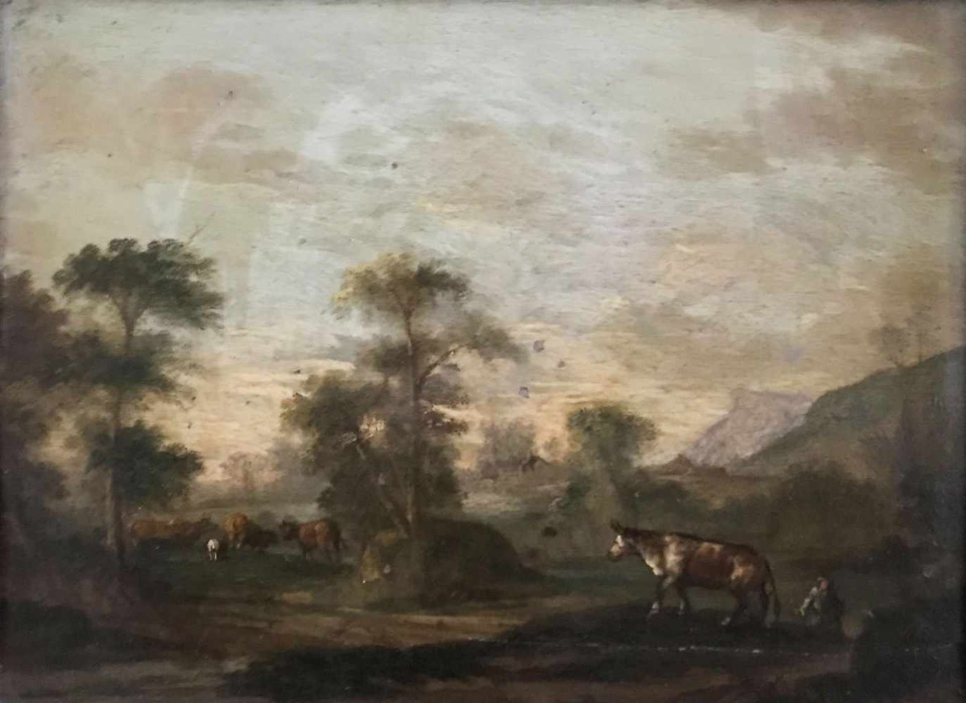 Unbekannter Künstler, um 1820, Paar Landschaften mit Staffagefiguren, Öl/Holz, Altersspuren, 20,5 - Bild 4 aus 4