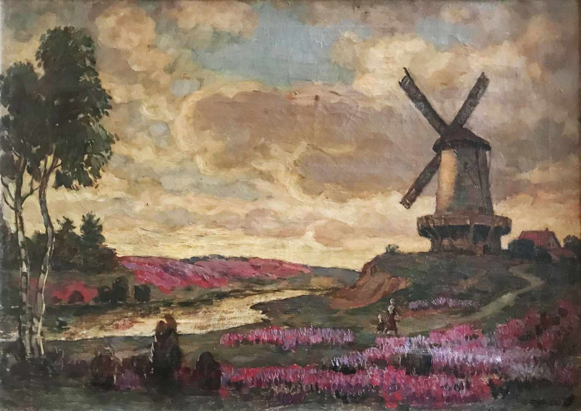 F. Rinkel (19./20. Jh.), Landschaft mit Mühle und blühendem Erika unter stürmisch bewölktem