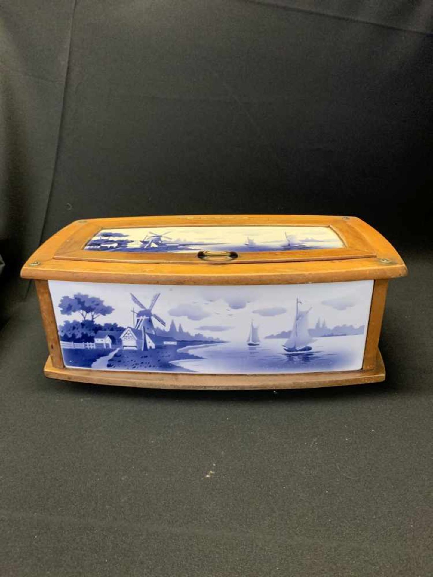 Brotkasten, Holland-Motiv, Kachel-Box, Windmühlen und Segelschiffe, 15 x 43 x 25 cm