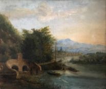 Unbekannter Künstler, 18./19. Jh., Landschaft mit Brücke, See und boot, im Hintergrund eine