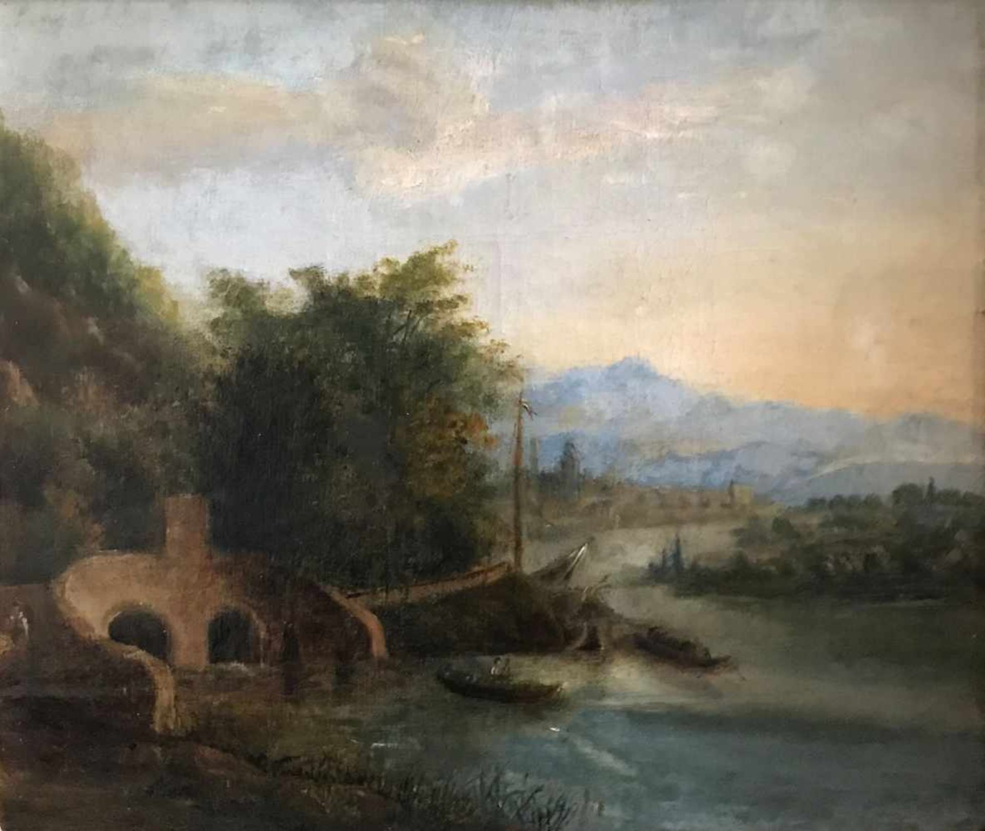 Unbekannter Künstler, 18./19. Jh., Landschaft mit Brücke, See und boot, im Hintergrund eine