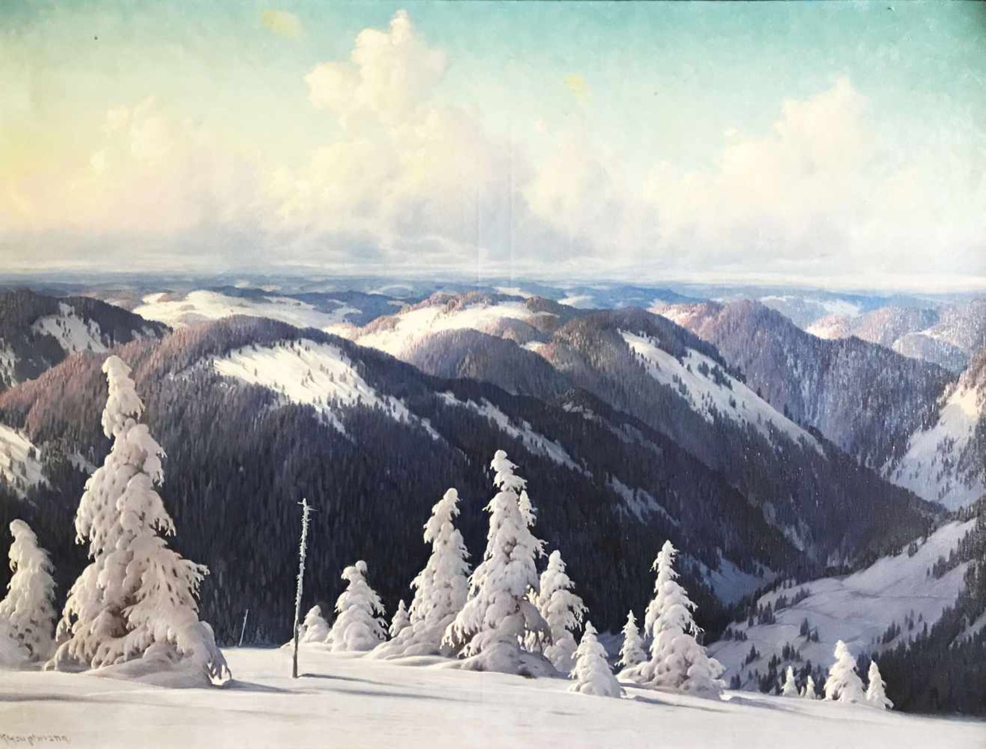 Karl HAUPTMANN (Freiburg 1880 - 1947 Todtnau), Schneelandschaft im Schwarzwald: Von einem Hang mit