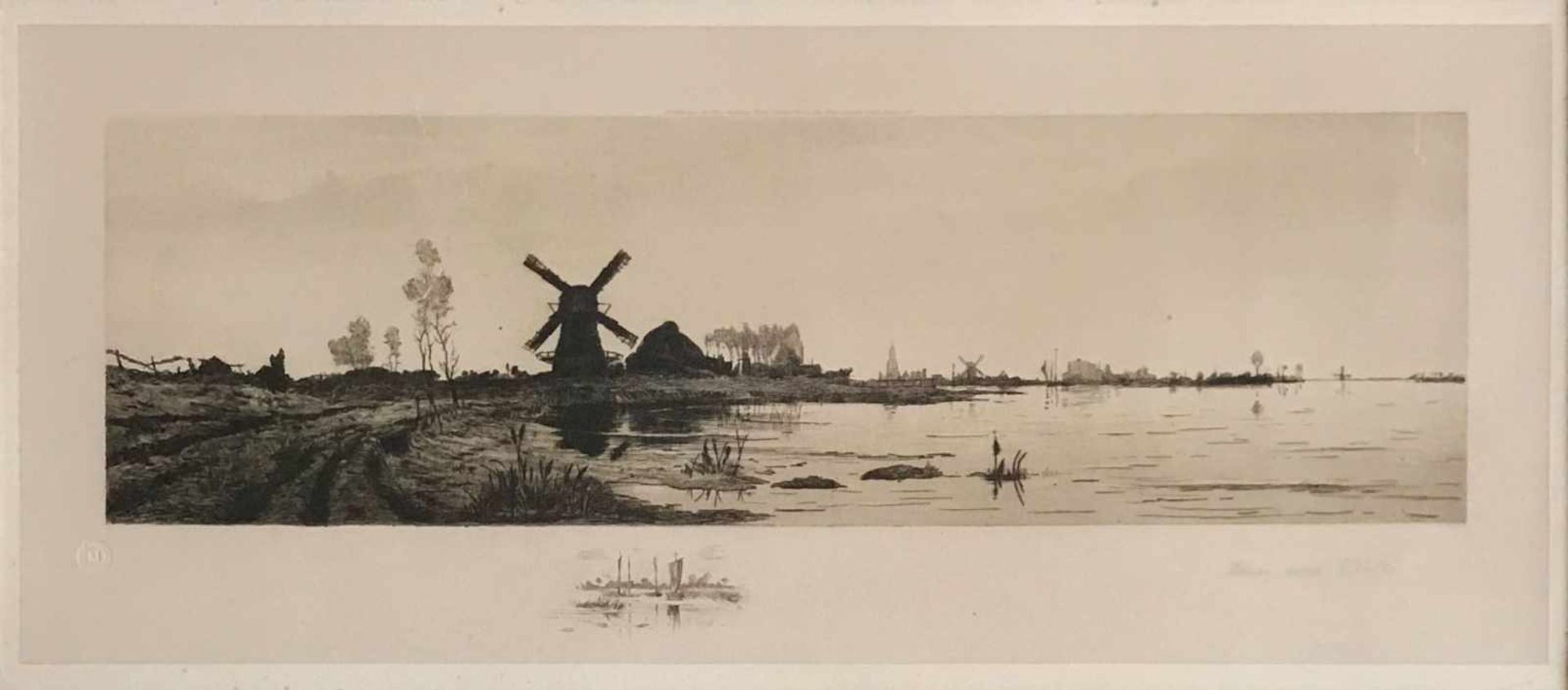 Hans am Ende (1864-1918, Worpswede), Kanallandschaft mit Mühlen, 1891, Druckgraphik, signiert, - Bild 2 aus 3