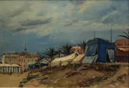 Jordi Freixas Cortes (1917-1984), Landschaft mit Palmen und Zelten, frühes Werk des Künstlers,