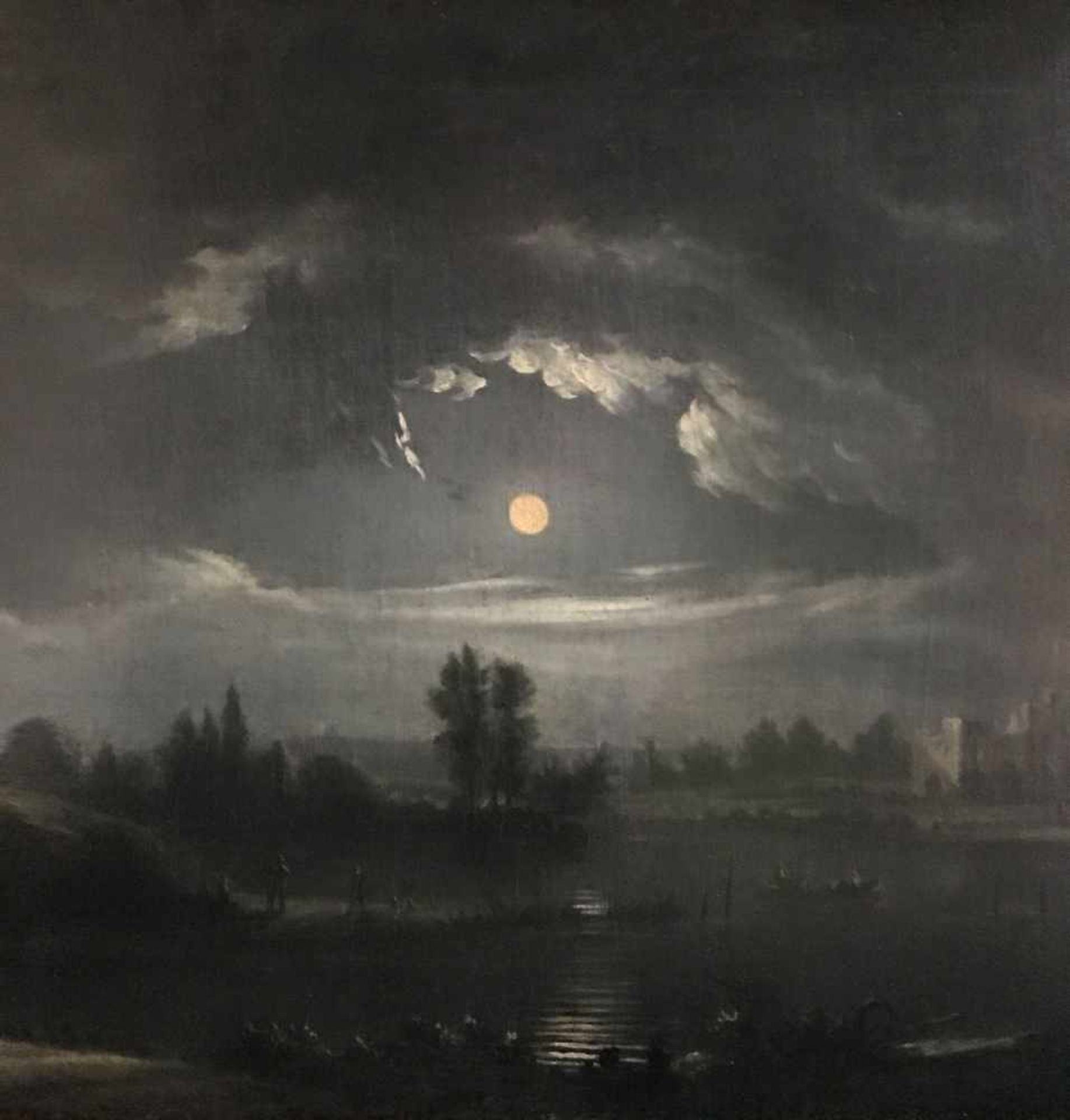 Unbekannter Künstler, Vorromantiker, 18. Jh., Landschaft mit Vollmond: Links hohe Felsformationen - Bild 3 aus 4