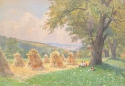 Therese SCHACHNER (1869-1950). Paar unter Bäumen mit Blick auf ein Feld nach der Ernte. Zeichnung