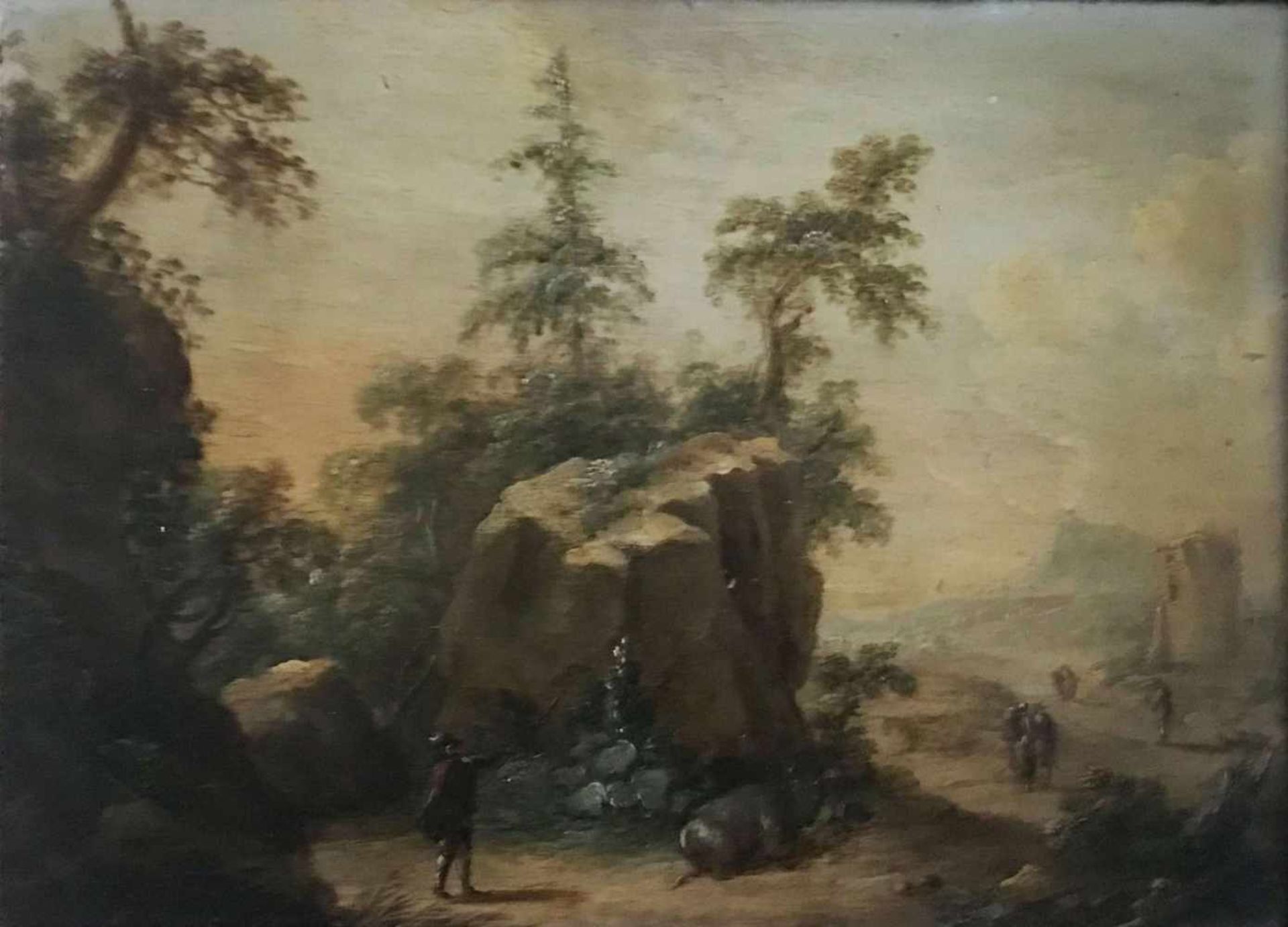 Unbekannter Künstler, um 1820, Paar Landschaften mit Staffagefiguren, Öl/Holz, Altersspuren, 20,5 - Bild 3 aus 4