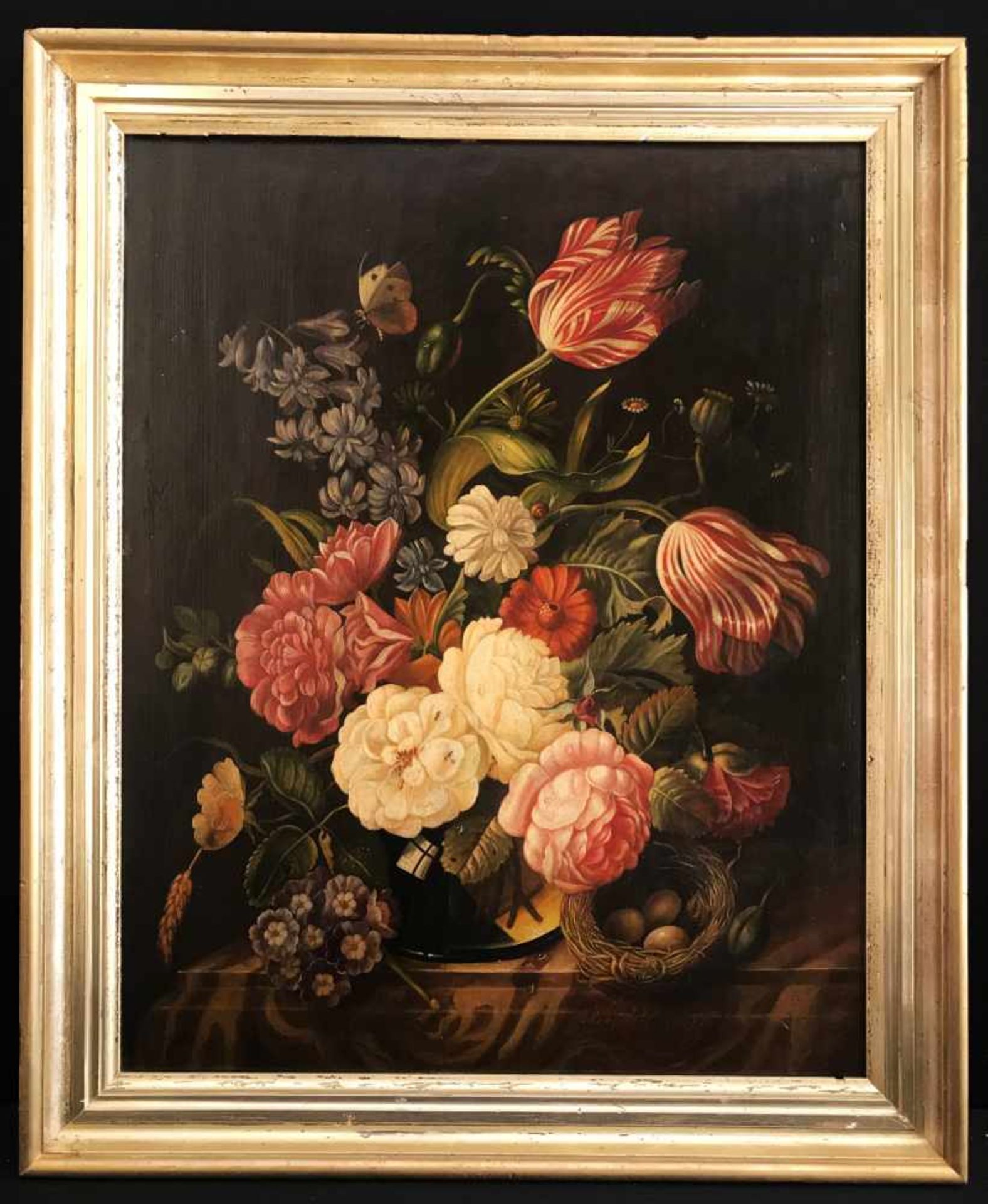 Josef HOLSTAYN (1930-?) zugeschr., Stilleben mit Blumen in einer Glasvase und Vogelnest, bezeichnet,