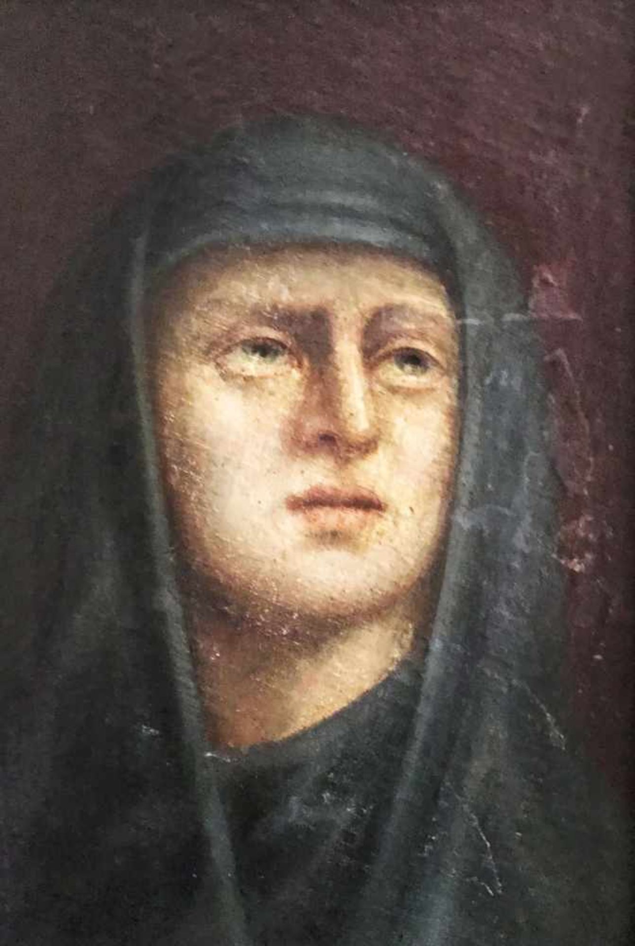 Unbekannter Künstler, 19. Jh., Maria als Schmerzensmutter vor dunklem Hintergrund, Öl/Lwd (aufgez.),
