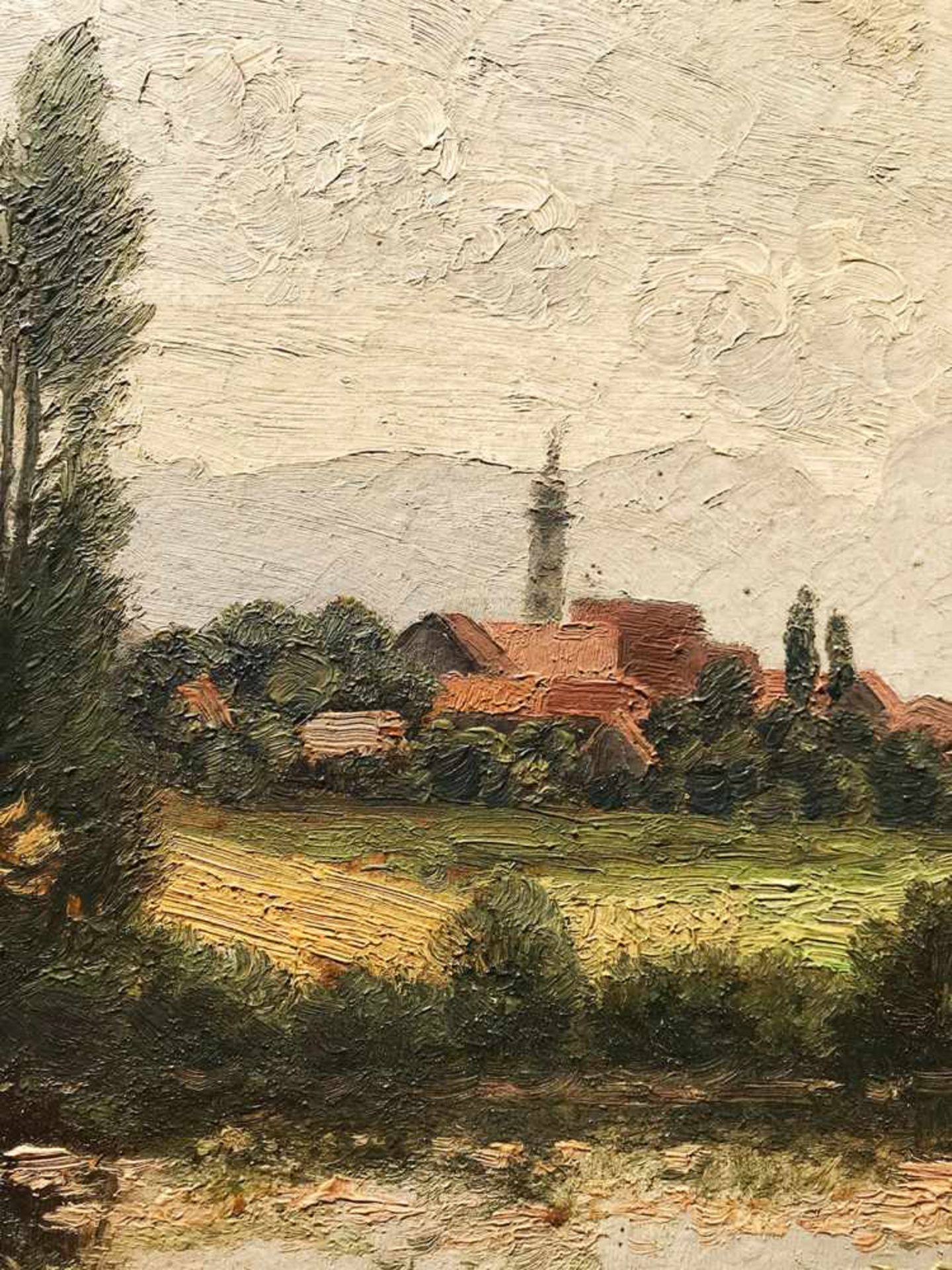 Julius SCHEUERER (1859-1913), Landschaft mit Gewässer und Bäumen, im Hintergrund ein Dorf mit - Bild 3 aus 5