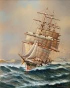 LEONHARDT, Dreimaster auf See, das Schiff von Möwen begleitet, signiert, Öl/Holz, 29 x 23 cm