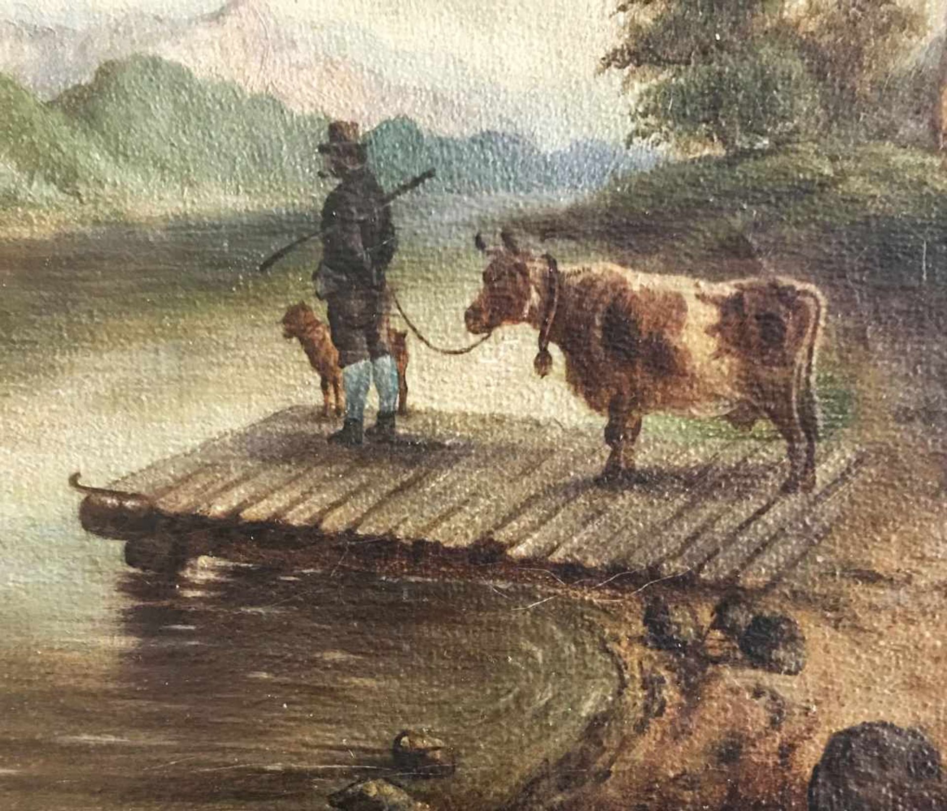 Monogrammist AN, 19. Jh., zwei Landschaften: Bauer mit Hund und Kuh auf einem Steg am Gewässer sowie - Bild 5 aus 6