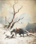 A. Steubing, Tod eines Reiters in verschneiter Landschaft, signiert, Öl/Malkarton, 32,5 x 27 cm
