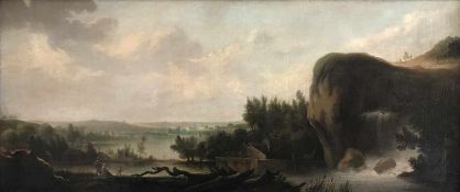 Unbekannter Künstler, Vorromantiker, um 1800, Landschaft am See: Vorne eine angelnde Familie, im