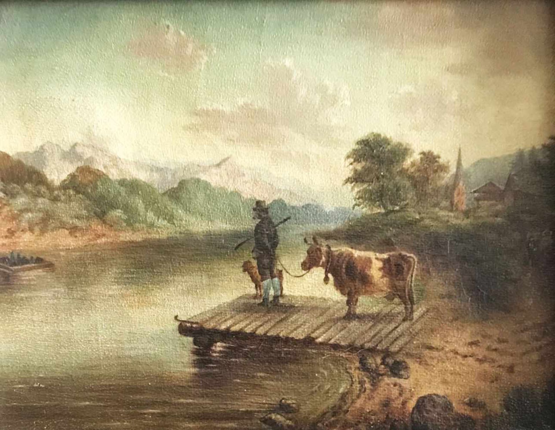 Monogrammist AN, 19. Jh., zwei Landschaften: Bauer mit Hund und Kuh auf einem Steg am Gewässer sowie - Bild 4 aus 6