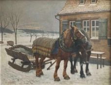 Adolf Hosse (1875 Hanau-1958 Hammelburg), verschneite Winterlandschaft mit Pferdeschlitten vor einem