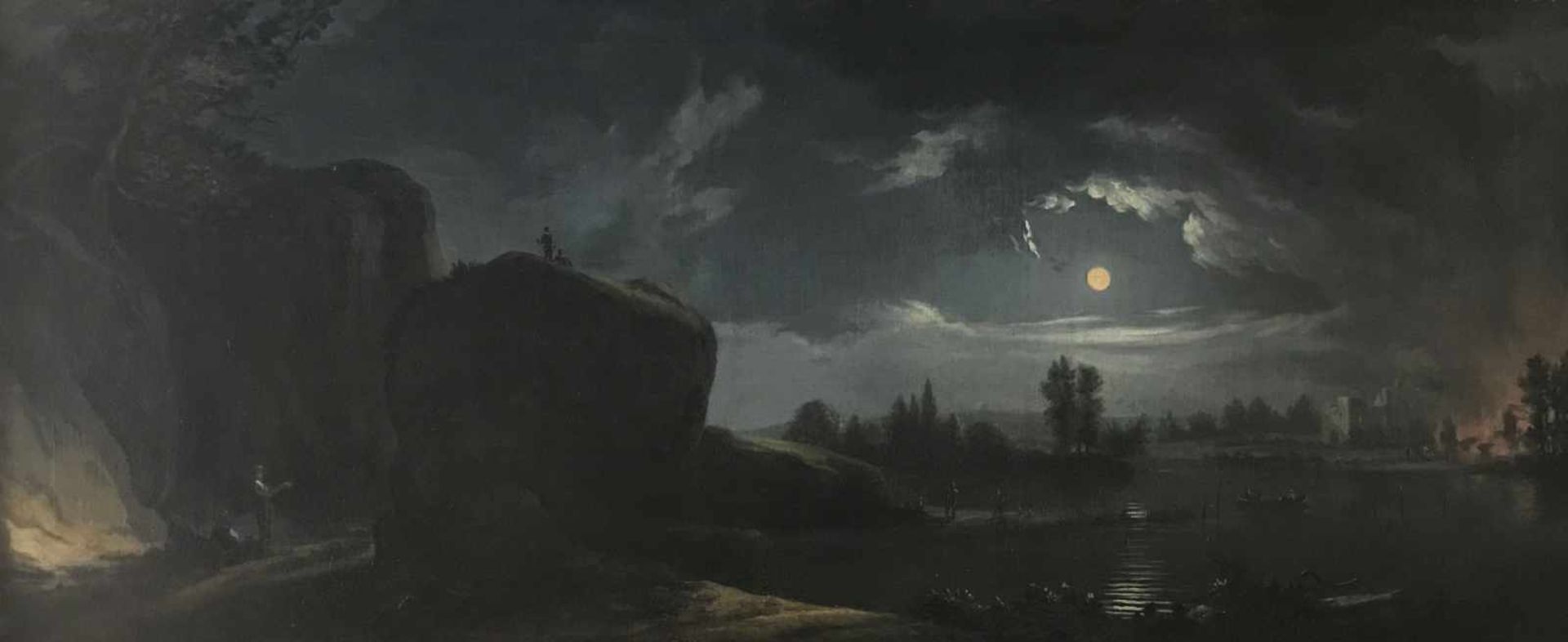 Unbekannter Künstler, Vorromantiker, 18. Jh., Landschaft mit Vollmond: Links hohe Felsformationen