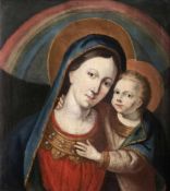 Unbekannter Künstler, 19. Jh., Maria mit Kind unter einem Regenbogen, Öl/Lwd, Altersspuren, 40 x
