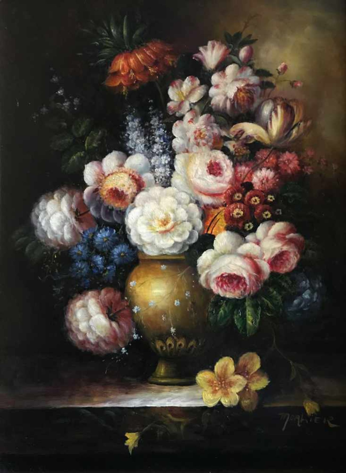 Unbekannter Künstler, Blumenstilleben: Blumenstrauß mit Rosen, Kaiserkronen, Tulpen etc. in einer