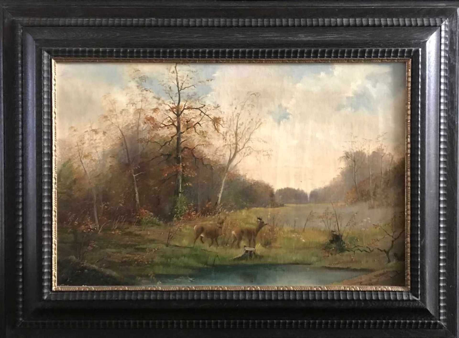 Unbekannter Künstler, 19. Jh., zwei Landschaften mit Wild: Reh und Rehbock bei einem Gewässer in - Bild 5 aus 6