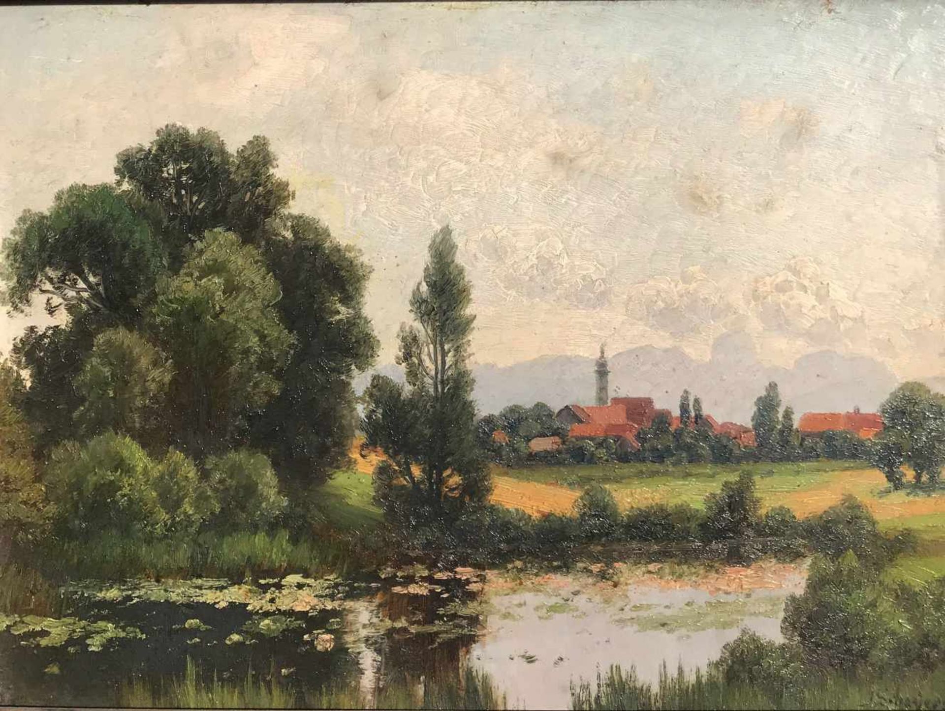 Julius SCHEUERER (1859-1913), Landschaft mit Gewässer und Bäumen, im Hintergrund ein Dorf mit