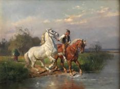 Louis Braun (1836-1916), Stallbursche mit zwei Pferden in ein Gewässer reitend, signiert und datiert