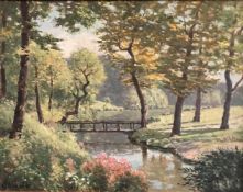 Rudolf Conrad Erich Allwardt (1902-1983), Parklandschaft mit Brücke und blühenden Wiesen unter