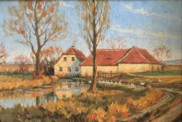 Michael Lindner (geb. 1880), Landschaft mit Häusern, Bäumen un d einem Gewässer, signiert und