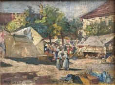 Petr Jaros (1859-1929), Vielfigurige Marktszene mit Zelten und Ständen, signiert, Öl/Malkarton, 30 x