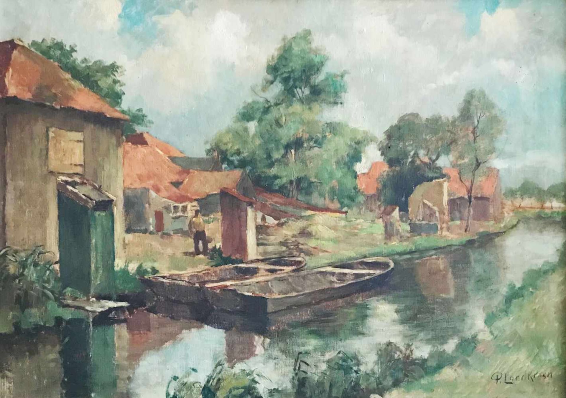 Petrus/Piet LANDKROON (1907-1997), Hütten an einem Flusslauf, sign., Öl/Lwd. 48 x 69 cm.