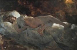 Unbekannter Künstler, Impressionist, Anf. 20. Jh., Liegende, halbnackte Frau auf Bett mit üppigen