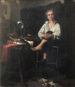 J. Albert, Schusterjunge auf einem Stuhl schaukelnd, signiert, Öl/Lwd, Altersspuren, 24 x 21 cm