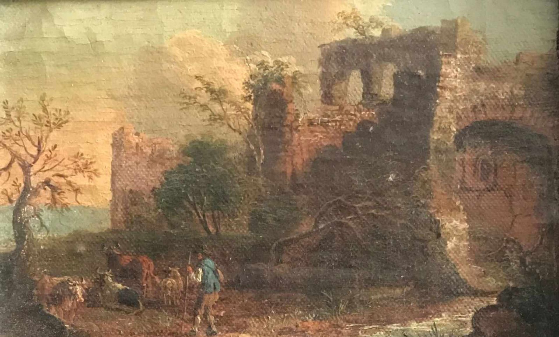 Unbekannter Künstler, 18. Jh., zwei Landschaften: Rastender am Ufer und Hirte, seine Kühe durch - Bild 4 aus 5