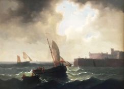 Unbekannter Künstler, 19. Jh., Segelschiffe auf stürmischer See vor einer Befestigungsanlage an
