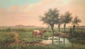 Hendrik Pieter KOEKKOEK (1843-c.1890), Weide mit Tümpel, eine Kuh schaut durch Bäume hindurch auf