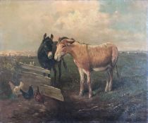 E. van der Velde, 2 Esel mit Hühnern in einer Landschaft, Öl/Holz, signiert, 50 x 60,5 cm