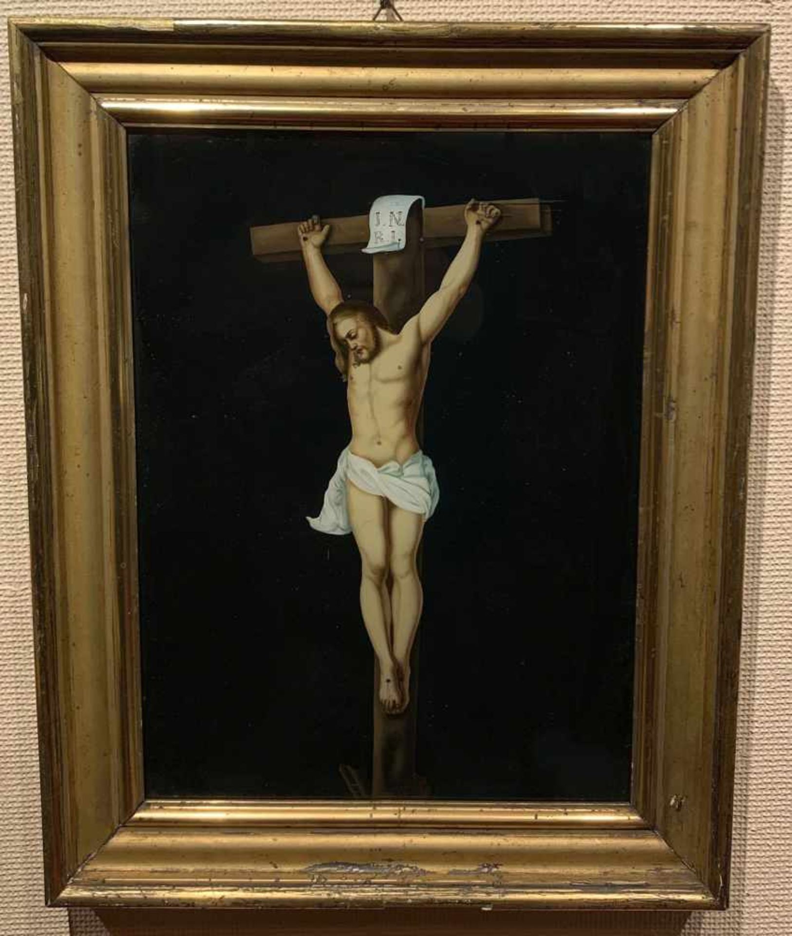 Hinterglasbild, Hinterglasmalerei, 19. Jh., Jesus am Kreuz, Kruzifixus, 36 x 26 cm. Reverse glass - Bild 2 aus 2
