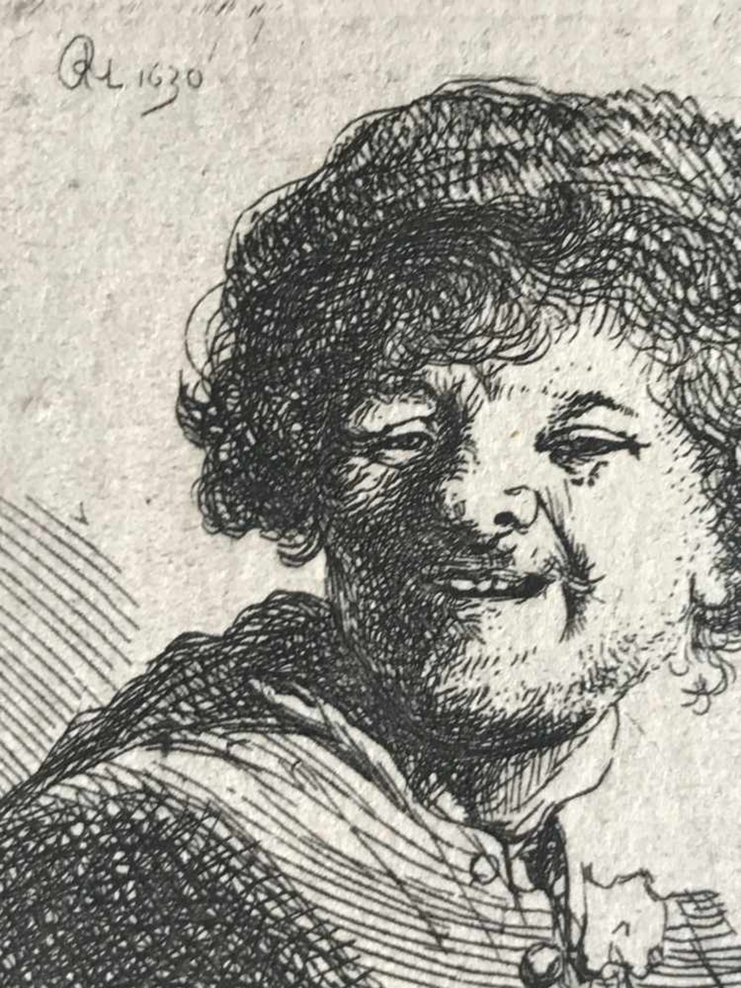 Rembrandt van Rijn (1606-1669), Selbstbildnis mit Mütze, lachend, wohl späterer Druck, 5,2 x 4,3 cm, - Bild 3 aus 4