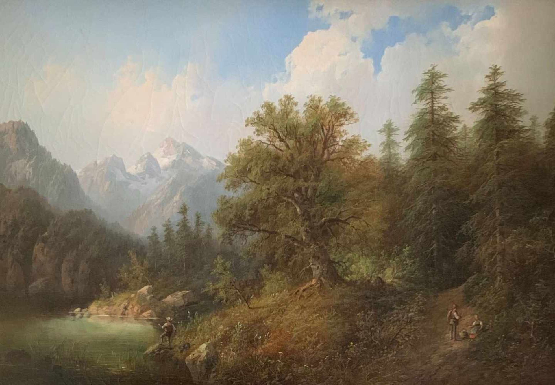 Eduard BOEHM (1830-1890), Landschaft mit zentralem Baum, links ein Angler am Teich, rechts ein